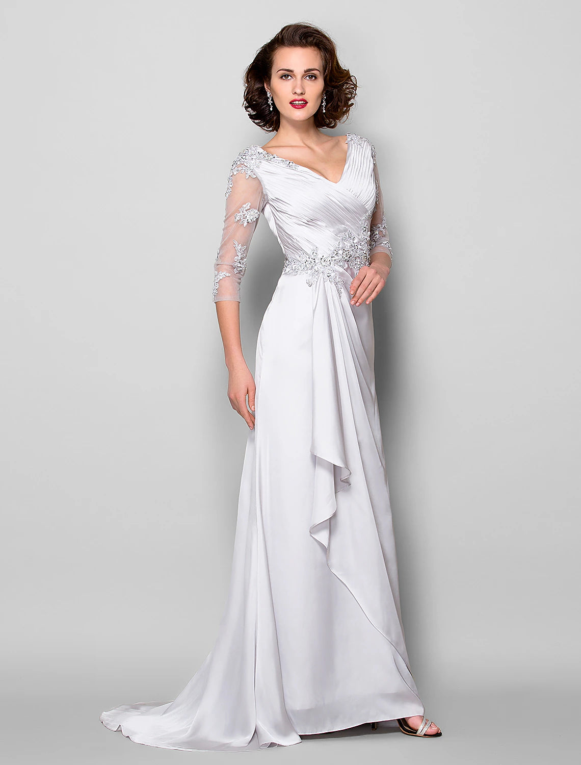 Wholesale A-Line Mother of the Bride Dress V Neck Sweep / Brush Train Satin Chiffon 3/4 Length Sleeve with Criss Cross Beading Appliques